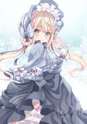 Rule 34 | 1girl, blonde hair, blue bow, bonnet, bow, braid, closed mouth, commentary request, dress, floating hair, flower, from side, gloves, grey bow, grey dress, grey eyes, grey headwear, hair rings, holding, holding flower, kuga tsukasa, looking at viewer, looking to the side, low twintails, original, pink flower, pink rose, purple bow, rose, smile, solo, striped bow, twintails, white gloves