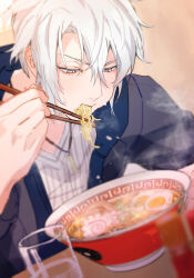 Rule 34 | 1boy, blue vest, blurry, chopsticks, depth of field, dog tags, eating, food, from side, glass, grey eyes, grey jacket, hair between eyes, head down, highres, holding, holding chopsticks, idolish7, indoors, jacket, leaning forward, light blush, looking down, male focus, noodles, parted bangs, portrait, puffy cheeks, ramen, rinunu, shirt, short hair, sidelocks, sleeves rolled up, solo, steam, striped clothes, table, vest, white hair, white shirt, yaotome gaku