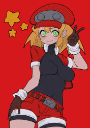 Rule 34 | 1girl, absurdres, black bodysuit, blonde hair, blush, bodysuit, breasts, buzzlyears, cabbie hat, covered collarbone, covered navel, cropped jacket, gloves, glowing, green eyes, hand on own hip, hat, highres, jacket, looking at viewer, medium breasts, mega man (series), mega man legends (series), open clothes, open jacket, open mouth, red hat, red shorts, roll caskett (mega man), shorts, smile, solo, star (symbol), v