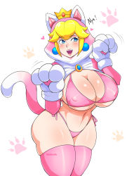 Rule 34 | 1girl, :d, animal ears, animal hands, animal hood, artist name, bikini, blonde hair, blue eyes, blush, body blush, breasts, cameltoe, cat ears, cat hood, cat tail, claws, cleavage, collarbone, covered erect nipples, crown, earrings, eyelashes, fake animal ears, fake tail, fangs, gloves, groin, hands up, heart, highleg, highleg bikini, highres, hood, jewelry, large breasts, legs together, lips, looking away, mario (series), motion lines, navel, nintendo, open mouth, paw gloves, paw print, paw print background, pink bikini, pink lips, pink thighhighs, pinkkoffin, princess peach, side-tie bikini bottom, skindentation, smile, solo, stomach, super mario 3d world, swimsuit, tail, teeth, thick thighs, thighhighs, thighs, tongue, upper teeth only, white background, white gloves