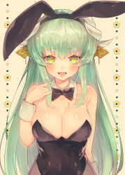 Rule 34 | 1girl, animal ears, black bow, black bowtie, black leotard, bow, bowtie, breasts, cleavage, detached collar, fake animal ears, fate/grand order, fate (series), green hair, horns, kiyohime (fate), large breasts, leotard, looking at viewer, open mouth, pantyhose, playboy bunny, rabbit ears, rabbit tail, solo, strapless, strapless leotard, suzuho hotaru, tail, twitter username, upper body, wrist cuffs, yellow eyes