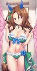 Rule 34 | 1girl, animal ears, bare arms, bare shoulders, bikini, bow, breasts, brown eyes, brown hair, choker, cleavage, collarbone, commentary request, cowboy shot, curtain grab, curtains, gluteal fold, green bikini, green bow, hair between eyes, hair bow, highres, horse ears, indoors, king halo (umamusume), large breasts, long hair, looking at viewer, partial commentary, shirokuma a, smile, solo, standing, swimsuit, tail, thighs, umamusume