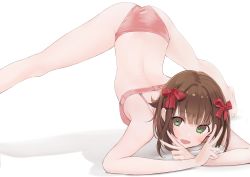 Rule 34 | 1girl, absurdres, amami haruka, back, bare legs, barefoot, blush, bra, breasts, brown hair, commentary, commission, crossed arms, double v, foot out of frame, green eyes, hair between eyes, hair ribbon, highres, idolmaster, idolmaster (classic), jack-o&#039; challenge, looking at viewer, medium breasts, neko no youchuu, open mouth, panties, pink bra, pink panties, pixiv commission, red ribbon, ribbon, shadow, short hair, simple background, smile, solo, spread legs, top-down bottom-up, underwear, underwear only, v, white background