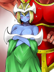 Rule 34 | 1girl, battle ox, blonde hair, blue skin, breasts, cleavage, colored skin, dress, elf, hair between eyes, highres, isna (footprintsofisna), large breasts, mystical elf, pointy ears, pout, short hair, stitched neck, stitches, yu-gi-oh!