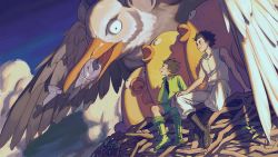 Rule 34 | 2boys, absurdres, animal, bird, black footwear, black hair, black shirt, blue sky, boots, cloud, cloudy sky, collared shirt, father and son, feathers, fish, ging freecss, gon freecss, green footwear, green jacket, green shorts, highres, hunter x hunter, jacket, male focus, misaq, multiple boys, open mouth, oversized animal, pants, profile, shadow, shirt, short hair, shorts, sitting, sky, sleeveless, sleeveless shirt, smile, white pants, white shirt, wide shot
