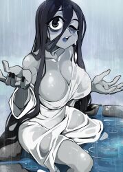 Rule 34 | 1girl, absurdres, bare shoulders, black eyes, black hair, black nails, bongfill, breasts, cleavage, collarbone, colored skin, eyelashes, grey skin, highres, large breasts, long hair, mole, mole under eye, no bra, one eye closed, open mouth, rain, raised eyebrow, see-through, tagme, teeth, the ring, thighs, tongue, very long hair, wet, wet clothes, yamamura sadako
