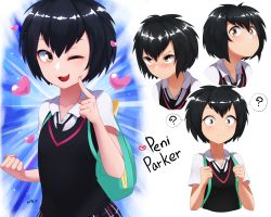 Rule 34 | 1girl, ?, backpack, bag, black hair, black necktie, blouse, blush, character name, clenched hand, heart, highres, marvel, necktie, nyxkz, peni parker, shirt, short hair, smile, solo, spider-man: into the spider-verse, spider-man (series), spider-verse, v-shaped eyebrows, white shirt