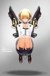 Rule 34 | 1girl, ankle cuffs, black legwear, blonde hair, bound, bound wrists, chain, choker, closed mouth, collared shirt, cuffed, cuffs, floating, full body, grey skirt, hair between eyes, handcuffs, highres, jovejun, long sleeves, looking down, mecha musume, open clothes, open shirt, original, pleated skirt, restrained, sad, school uniform, shirt, shoes, short hair, simple background, skirt, solo, uniform, white shirt, yellow eyes