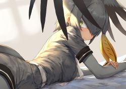 Rule 34 | 1girl, :|, belt, blonde hair, bodystocking, closed mouth, green eyes, grey hair, grey shirt, grey theme, guchico, hair between eyes, head wings, kemono friends, looking at viewer, lying, multicolored hair, necktie, on stomach, shirt, shoebill (kemono friends), short sleeves, side ponytail, solo, v-shaped eyebrows, white belt, white necktie, wings