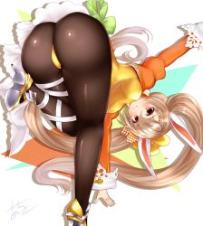 Rule 34 | 1girl, animal ears, ao (ao 10bx), ass, breasts, brown eyes, brown pantyhose, commentary request, fake animal ears, flower knight girl, from behind, high heels, highres, kinrenka (flower knight girl), leotard, light brown hair, long hair, long sleeves, looking at viewer, medium breasts, pantyhose, playboy bunny, rabbit ears, solo, twintails, white background