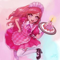 Rule 34 | 1girl, anklet, apron, blue eyes, bow, cake, candle, commentary request, dress, food, footwear bow, fruit, hand on own hip, heart, heart-shaped pupils, high heels, highres, holding, holding tray, jewelry, junya17live, long hair, maid, maid headdress, medium dress, multicolored eyes, name tag, open mouth, original, pink dress, pink hair, plaid, plaid apron, puffy short sleeves, puffy sleeves, purple eyes, short sleeves, signature, smile, solo, standing, standing on one leg, strawberry, swept bangs, symbol-shaped pupils, symbol in eye, thighhighs, tray, white thighhighs