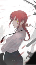 Rule 34 | 1girl, absurdres, ass, black necktie, black pants, blood, blood on clothes, blood on face, blood splatter, braid, braided ponytail, breasts, brown hair, business suit, cable, chainsaw, chainsaw man, character name, collared shirt, commentary request, copyright name, demon, dog, formal, highres, kayakooooo, light smile, looking at viewer, looking back, makima (chainsaw man), medium breasts, necktie, office lady, pants, ringed eyes, shirt, shirt tucked in, sidelocks, silhouette, smile, suit, white shirt, yellow eyes