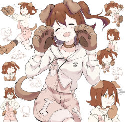Rule 34 | 1girl, ^ ^, animal ears, animal hands, blush, brown coat, brown footwear, brown hair, brown overalls, chibi, chibi inset, closed eyes, closed mouth, coat, collarbone, dog ears, dog tail, fang, gloves, highres, hood, hoodie, idolmaster, idolmaster million live!, idolmaster million live! theater days, kasuga mirai, medium hair, multiple persona, open mouth, overalls, paw gloves, paw pose, pyopyo, side ponytail, single strap, smile, solo, tail, white hoodie