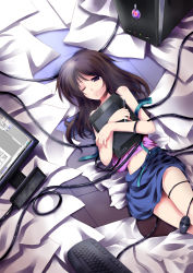 Rule 34 | 1girl, absurdres, bare shoulders, brown hair, cable, computer, cpu, desk, desktop, drawing tablet, highres, huangquan dong (sinchi), keyboard (computer), lying, monitor, mouse (computer), navel, on back, one eye closed, original, paper, purple eyes, solo, stylus, wink, wire