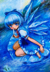 Rule 34 | 1girl, blue dress, blue eyes, blue hair, blue sky, blush, bow, cirno, dress, food, hair bow, ice, ice block, lake, looking at viewer, matching hair/eyes, mountain, oil painting (medium), open mouth, painting (medium), popsicle, revision, shirt, short hair, short sleeves, sitting, sky, solo, tafuto, touhou, traditional media, wariza, water, wings