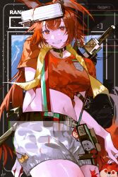 Rule 34 | 1girl, absurdres, animal ears, arknights, black choker, choker, crop top, flametail (arknights), flametail (sport for all) (arknights), grey shorts, grin, head-mounted display, highres, long hair, looking at viewer, midriff, navel, official alternate costume, orange shirt, red hair, red tail, shirt, short sleeves, shorts, smile, solo, squirrel, squirrel ears, squirrel girl, squirrel tail, suspender shorts, suspenders, tail, teeth, yuki flourish