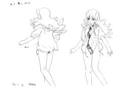 Rule 34 | 00s, 1girl, absurdres, ass, bare legs, big hair, breasts, character sheet, cleavage cutout, clothing cutout, hair ribbon, hara shouji, highleg, highleg swimsuit, highres, long hair, looking to the side, medium breasts, mishina aoi, monochrome, multiple views, navel cutout, official art, one-piece swimsuit, ribbon, ryuusei sentai musumet, scan, school uniform, simple background, skindentation, solo, standing, swimsuit, translation request, very long hair