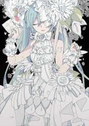 Rule 34 | 1girl, aqua hair, aqua neckwear, bare shoulders, black background, bow, bowtie, closed eyes, commentary, cowboy shot, dress, flower, frilled bow, frilled skirt, frilled wrist cuffs, frills, hair bow, hair flower, hair ornament, hands up, hatsune miku, lily (flower), long hair, nail polish, neck ribbon, one eye covered, parted bangs, petals, ribbon, scrunchie, skirt, solo, standing, sunflower, twintails, very long hair, vocaloid, white bow, white dress, white flower, white ribbon, wrist cuffs, wrist scrunchie, yoshiki