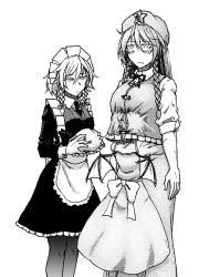 Rule 34 | apron, blush, bow, braid, buttons, expressionless, female pervert, from behind, greyscale, hat, head on chest, head under another&#039;s clothes, hong meiling, hug, izayoi sakuya, jitome, koyubi (littlefinger1988), long hair, maid headdress, monochrome, pantyhose, pervert, remilia scarlet, scar, star (symbol), touhou, twin braids, under another&#039;s clothes, waist apron, wings