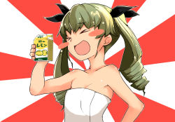Rule 34 | &gt; &lt;, 10s, 1girl, :d, absurdres, anchovy (girls und panzer), barashiya, black ribbon, blush stickers, commentary, drill hair, girls und panzer, green hair, hair ribbon, highres, holding, juice box, long hair, naked towel, open mouth, ribbon, rising sun flag, smile, solo, sunburst, towel, twin drills, twintails