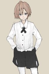 Rule 34 | 1girl, ahoge, artist name, awatsu mai, black shorts, brown background, brown hair, buttons, closed mouth, clothing cutout, collared shirt, commentary request, cowboy shot, cross tie, grey eyes, hair between eyes, hands on own hips, highres, leg cutout, long sleeves, looking at viewer, mole, mole under eye, pantyhose, pantyhose under shorts, real life, sally (allogkk), shirt, short hair, shorts, simple background, solo, standing, voice actor, white pantyhose, white shirt