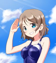Rule 34 | 10s, 1girl, blue eyes, blue one-piece swimsuit, blue sky, breasts, brown hair, cloud, day, from side, highres, looking at viewer, love live!, love live! school idol project, love live! sunshine!!, m-shiganai, one-piece swimsuit, salute, short hair, sky, smile, solo, sunlight, swimsuit, watanabe you