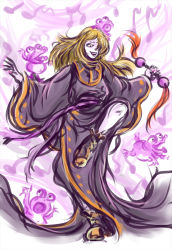 Rule 34 | 1990s (style), blonde hair, bog witch, colored skin, final fantasy, final fantasy iv, kuu (pixiv582427), long hair, monster girl, open mouth, purple skin, robe, wand