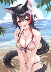 Rule 34 | 1girl, absurdres, animal ear fluff, animal ears, beach, bikini, black hair, blush, breasts, cleavage, front-tie bikini top, front-tie top, hair between eyes, hair ornament, highres, hololive, jewelry, large breasts, long hair, looking at viewer, multicolored hair, navel, necklace, ookami mio, ookami mio (hololive summer 2019), open mouth, outdoors, red hair, side-tie bikini bottom, solo, streaked hair, swimsuit, tail, togemaru34, virtual youtuber, white bikini, wolf ears, wolf girl, wolf tail, yellow eyes