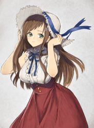 Rule 34 | 1girl, alternate costume, breasts, brown hair, closed mouth, dress, green eyes, hair ornament, hairclip, hat, highres, large breasts, long hair, looking at viewer, murata tefu, simple background, skirt, smile, solo, sophia esteed, star ocean, star ocean till the end of time