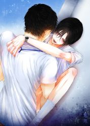 Rule 34 | 2boys, absurdres, against wall, age difference, anal, black hair, blush, bottomless, clothed sex, highres, male focus, male penetrated, multiple boys, office, sex, socks, yaoi