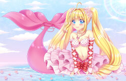 Rule 34 | 1girl, ahoge, bare shoulders, bikini, blonde hair, blue eyes, blue sky, blush, bow, bow skirt, breasts, bridal gauntlets, cleavage, closed mouth, cloud, collarbone, commentary request, curly sidelocks, day, flower, full body, hair between eyes, hair flower, hair intakes, hair ornament, highres, jewelry, layered skirt, long hair, looking at viewer, medium breasts, mermaid, mermaid melody pichi pichi pitch, midriff, monster girl, nanami lucia, nanami lucia (princess), navel, necklace, outdoors, pink bikini, pink skirt, polka dot, polka dot bikini, red bow, shell, shell necklace, shirato sayuri, sidelocks, sitting, sitting on liquid, skirt, sky, smile, solo, strapless, strapless bikini, sunlight, swimsuit, tail, tail ornament, tail raised, twintails, very long hair, water, yokozuwari