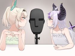 Rule 34 | 2girls, ahoge, alternate costume, arm on table, asmr, bare arms, bare shoulders, binaural microphone, black horns, black nails, blonde hair, blue eyes, blush, braid, braided bangs, breasts, demon girl, demon horns, dress, elbows on table, fingernails, flat chest, frilled dress, frills, green dress, grey dress, grey hair, hair between eyes, hair ornament, high ponytail, highres, hololive, horns, kazama iroha, la+ darknesss, landl, leaf hair ornament, long fingernails, long hair, medium breasts, microphone, multicolored hair, multiple girls, nail polish, neumann ku 100, own hands together, parted lips, pointy ears, profile, purple hair, purple horns, sharp fingernails, sleeveless, sleeveless dress, streaked hair, striped horns, tail, the weaker sex 1 (gibson), upper body, very long hair, virtual youtuber, whispering, yellow eyes
