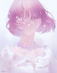 Rule 34 | 1girl, ajimita, bob cut, cherry blossoms, collarbone, flower, grey background, hair over one eye, light smile, looking at viewer, muted color, original, petals, pink hair, pink theme, portrait, shadow, short hair, simple background, solo, twitter username, wind