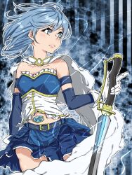 Rule 34 | 1girl, alternate hair length, alternate hairstyle, armor, artist name, bare shoulders, blue eyes, blue hair, blue skirt, breastplate, cape, choco-tto, collarbone, cowboy shot, detached sleeves, globes, gloves, highres, holding, holding sword, holding weapon, looking to the side, magical girl, mahou shoujo madoka magica, mahou shoujo madoka magica (anime), medium hair, midriff peek, miki sayaka, navel, pleated skirt, skirt, solo, soul gem, standing, sword, weapon, white cape, white gloves