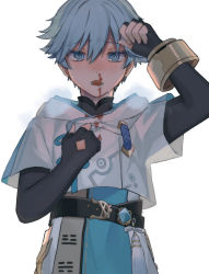 Rule 34 | 1boy, belt, black gloves, blood, blood on clothes, blood on face, blue eyes, blue hair, blush, buttons, chongyun (genshin impact), clothing cutout, cropped jacket, double-breasted, elbow gloves, fingerless gloves, gem, genshin impact, gloves, hands up, heavy breathing, highres, hood, hood down, hooded jacket, jacket, looking at viewer, male focus, nakura hakuto, nose blush, nosebleed, ringed eyes, see-through silhouette, short hair, simple background, solo, sweat, tassel, upper body, white background