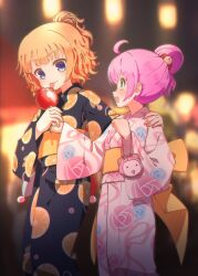 Rule 34 | 2girls, absurdres, ahoge, black kimono, blonde hair, blue eyes, blunt bangs, blurry, blurry background, blush, candy apple, curly hair, evening, feet out of frame, floral print, floral print kimono, food, food theft, furrowed brow, green eyes, hair bun, half updo, highres, indirect kiss, japanese clothes, kimono, kuma (pripara), licking, long sleeves, looking at another, manaka laala, minami mirei, multiple girls, open mouth, pink kimono, pretty series, print kimono, pripara, profile, purple hair, ruru ashihara, short hair, sidelocks, single hair bun, smile, standing, summer festival, surprised, third-party source, tongue, tongue out, wide sleeves, yukata