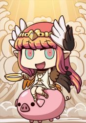 Rule 34 | 1girl, april fools, chibi, circe (fate), fate/grand order, fate (series), feathered wings, green eyes, head wings, highres, holding, long hair, looking at viewer, multicolored eyes, navel, no nose, official art, open mouth, pig, pink eyes, pointy ears, riyo (lyomsnpmp), sitting, wings