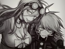 Rule 34 | 10s, 1boy, 1girl, ahoge, arm around shoulder, bow, breasts, choker, cleavage, danganronpa (series), embarrassed, fingerless gloves, gloves, goggles, goggles on head, greyscale, iruma miu, jewelry, k1-b0, large breasts, long hair, long sleeves, looking away, monochrome, necklace, danganronpa v3: killing harmony, open mouth, sailor collar, shirt, short hair, smile, sweatdrop, toohoku, upper body