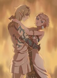 Rule 34 | 1boy, 1girl, absurdres, arm around neck, arm around waist, armlet, blonde hair, circlet, commentary, cowboy shot, dress, earrings, eiriseth, english commentary, eyeliner, green eyeliner, green eyes, highres, hug, jewelry, link, looking at another, looking to the side, makeup, medium hair, nintendo, pointy ears, princess zelda, short hair, the legend of zelda, the legend of zelda: tears of the kingdom