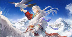 Rule 34 | 1boy, arm out of sleeve, bare tree, bird, bird on hand, calla10, chinese clothes, closed mouth, coat, code: kite, curtained hair, day, eagle, floating hair, from side, fur-trimmed coat, fur-trimmed sleeves, fur trim, grey eyes, hand up, highres, holding, holding reins, horse, horseback riding, jewelry, lips, long hair, long sleeves, looking at viewer, male focus, mandarin collar, mountain, necklace, outdoors, parted bangs, patterned clothing, profile, red robe, red sash, reins, riding, robe, sash, shirt, sideways glance, smile, snow, solo, tassel, tree, upper body, white coat, white hair, white shirt, zuo ci (code: kite)
