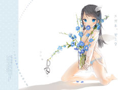 Rule 34 | 1girl, absurdres, anmi, black hair, blue eyes, blue panties, blush, breasts, unworn eyewear, flower, glasses, has bad revision, has downscaled revision, head wings, highres, kneeling, long hair, looking at viewer, md5 mismatch, naked shirt, no pants, open clothes, open shirt, original, panties, resolution mismatch, see-through, shirt, solo, source smaller, spread legs, underwear, vase, wings