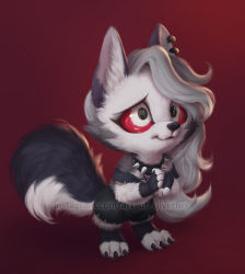 Rule 34 | 1girl, animal ears, breasts, chibi, collar, colored sclera, full body, furry, helluva boss, long hair, loona (helluva boss), navel, piercing, red sclera, signature, silverfox5213, studded collar, tail, white eyes, white hair, wolf ears, wolf tail