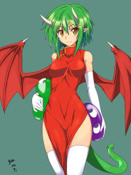 Rule 34 | 1girl, aqua background, blush, breasts, china dress, chinese clothes, draco centauros, dragon girl, dragon tail, dragon wings, dress, elbow gloves, gloves, green hair, hair between eyes, highres, holding, horns, looking at viewer, nishiumi yuuta, pointy ears, puyopuyo, red dress, red wings, short hair, sleeveless, sleeveless dress, slime, slit pupils, smile, solo, standing, tail, thighhighs, white gloves, white thighhighs, wings, yellow eyes