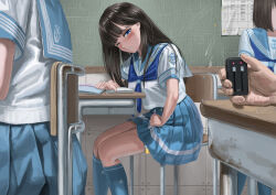 Rule 34 | 1girl, classroom, desk, itou tatsuya, lock, one eye closed, original, school uniform, sex toy, sitting, thigh bands, vibrator, vibrator under clothes