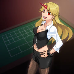 Rule 34 | 1girl, alternate costume, bad id, bad pixiv id, blonde hair, breasts, cleavage, computer, cosplay, croupier, cuffs, female focus, fishnet pantyhose, fishnets, green hair, headset, horns, hoshiguma yuugi, large breasts, long hair, microphone, midriff, miniskirt, open mouth, pantyhose, pencil skirt, ponnetsu, red eyes, rio rollins, rio rollins (cosplay), roulette table, shackles, short hair, single horn, skirt, smile, solo, super blackjack, table, tkhs, touhou