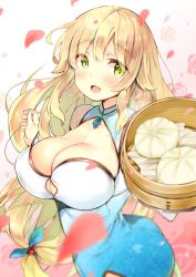 Rule 34 | 1girl, alternate breast size, ass, aurora (azur lane), aurora (the tale of spring) (azur lane), azur lane, baozi, blonde hair, blush, breasts, china dress, chinese clothes, cleavage, cleavage cutout, clothing cutout, dress, floral background, food, giving, green eyes, kibii mocha, large breasts, long hair, looking at viewer, open mouth, petals, smile, solo, very long hair