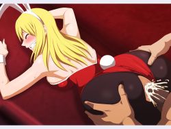 Rule 34 | 1boy, 1girl, animal ears, anus, ass, ass grab, blonde hair, blush, breasts, censored, clenched teeth, clothed sex, cum, cum in pussy, doggystyle, closed eyes, fairy tail, fake animal ears, game cg, hetero, highres, huge ass, large breasts, lime (purple haze), long hair, lucy heartfilia, lying, mosaic censoring, nude, pantyhose, penis, playboy bunny, pussy, rabbit ears, sex, sex from behind, sweat, teeth, testicles, torn clothes, torn legwear, vaginal