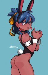 Rule 34 | 1girl, amazu (kurozu), animal ears, aoi (amazu), ass, black hairband, black leotard, blue background, blue eyes, blue hair, borrowed character, bow, breasts, eyebrows hidden by hair, fake animal ears, from side, hair between eyes, hair bow, hairband, hands up, highres, leotard, looking at viewer, looking to the side, own hands together, rabbit ears, rabbit tail, short eyebrows, signature, simple background, small breasts, solo, tail, thick eyebrows, wrist cuffs, yellow bow