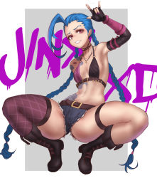 Rule 34 | 1girl, ankle boots, bandaid, bandaid on knee, bandaid on leg, bikini, bikini top only, blue hair, boots, braid, breasts, bullet, eyeshadow, fingerless gloves, gloves, highres, jinx (league of legends), js (wlstjd9595), league of legends, lips, long hair, makeup, micro shorts, pink eyes, purple thighhighs, shorts, single thighhigh, small breasts, solo, swimsuit, tattoo, thigh strap, thighhighs, twin braids, very long hair