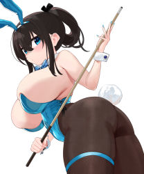 Rule 34 | 1girl, animal ears, ass, bare shoulders, black hair, black pantyhose, blue bow, blue bowtie, blue eyes, blue leotard, blue nails, bow, bowtie, cue stick, detached collar, fake animal ears, fake tail, hair between eyes, hug, leotard, long hair, looking at viewer, nail polish, omizu (h2o), original, pantyhose, rabbit ears, rabbit tail, simple background, solo, tail, thigh strap, white background, wrist cuffs